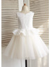 Ivory Cotton Champagne Tulle Knee Length Flower Girl Dress 